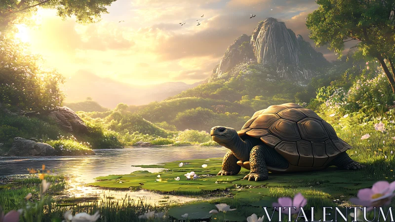 Tortoise beside reflective river in sunlit mountain valley.