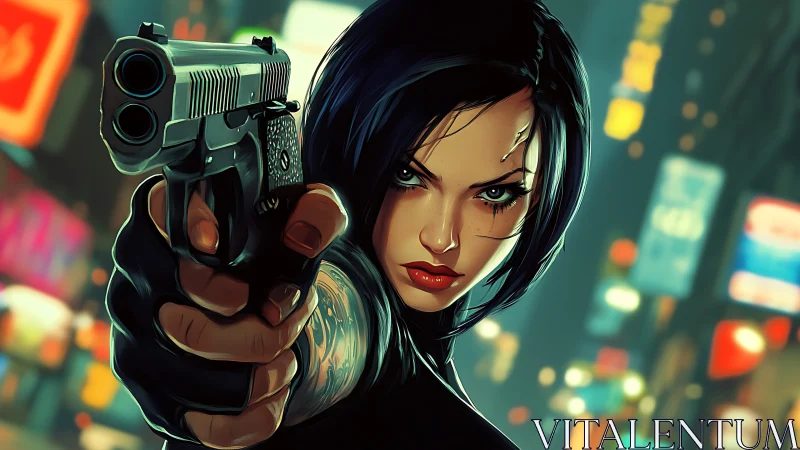 Dynamic cyberpunk assassin close-up with gunpoint perspective.