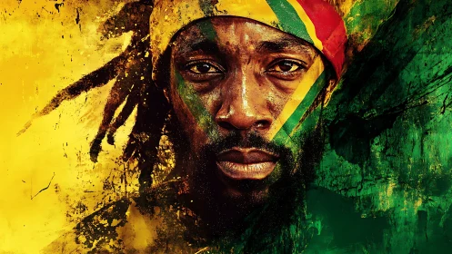 Male face centered between yellow and green textured fields