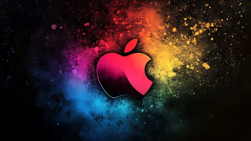 Color-splashed apple icon glowing in a cosmic paint storm.