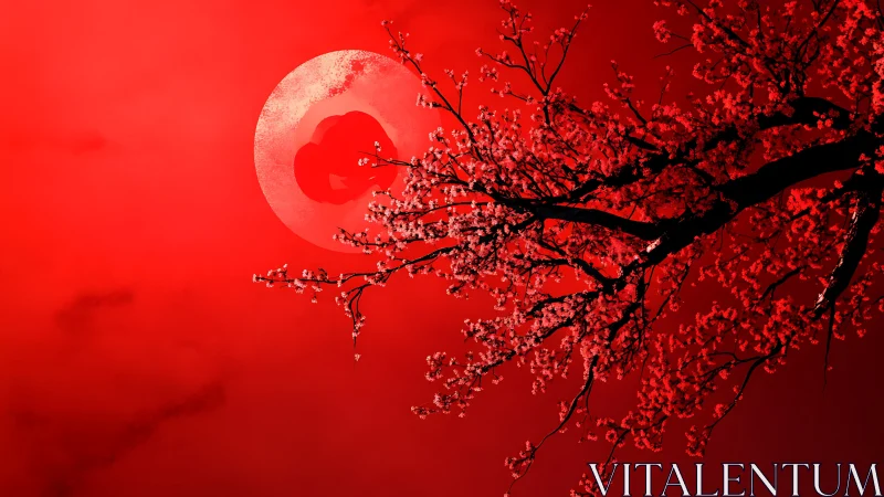 Monochromatic Cherry Blossom Tree Silhouette Against Crimson Full Moon