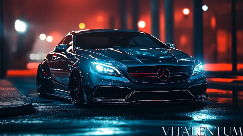 Sleek Mercedes coupe glows under neon city streetlights at night