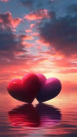Twin Red Hearts at Sunset Over Calm Water