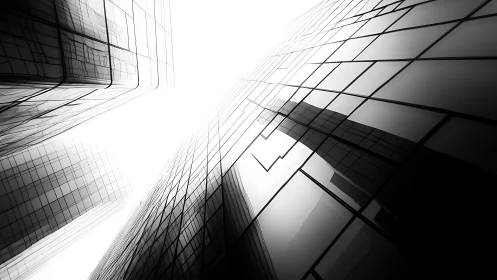 Architectural Abstract: Upward Perspective of Glass Skyscrapers in Monochrome