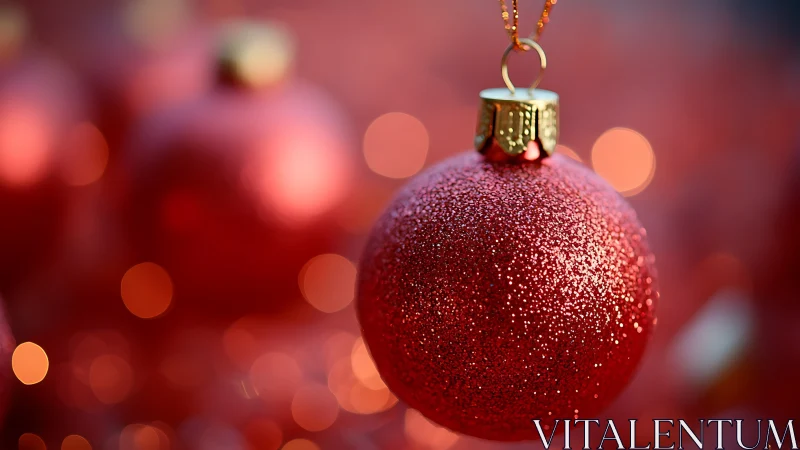 Red glitter ornament with gold cap on defocused lights.