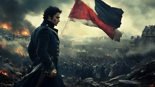 Revolutionary officer stands before burning city and torn flag