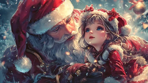 Festive Santa and child in luminous winter portrait.