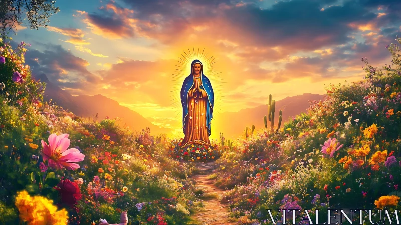 Radiant robed figure amid luminous wildflower valley at dusk.