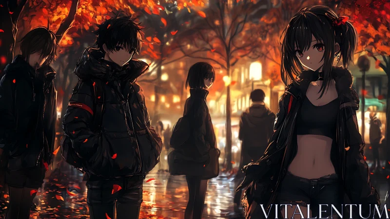 Anime teens stand under autumn trees on a wet city street