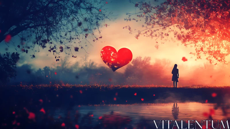 Solitary figure watches giant glowing heart float across dreamscape.