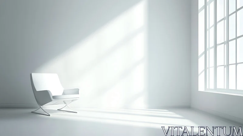Sunlit silence crowns a lone white chair in vast space