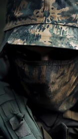 Masked soldier in camouflaged gear with intense shadowed gaze.