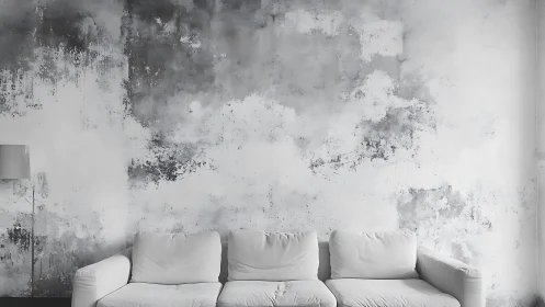 Soft white sofa against dreamy concrete cloud wall backdrop.