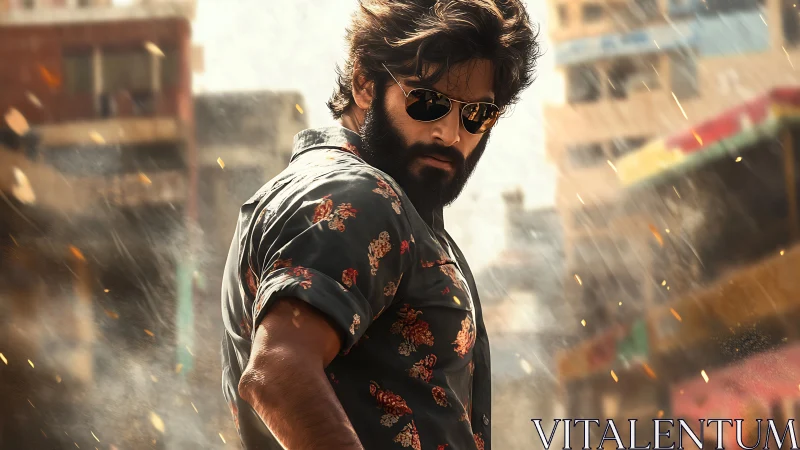 Street-scorched rebel in floral shirt and burning sunlight.