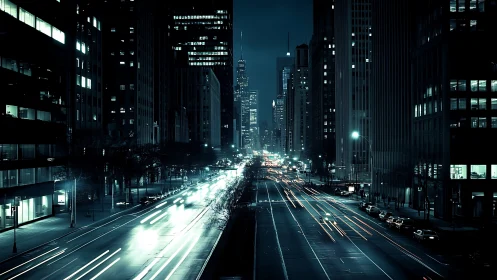 Neon river of headlights slicing through midnight towers.