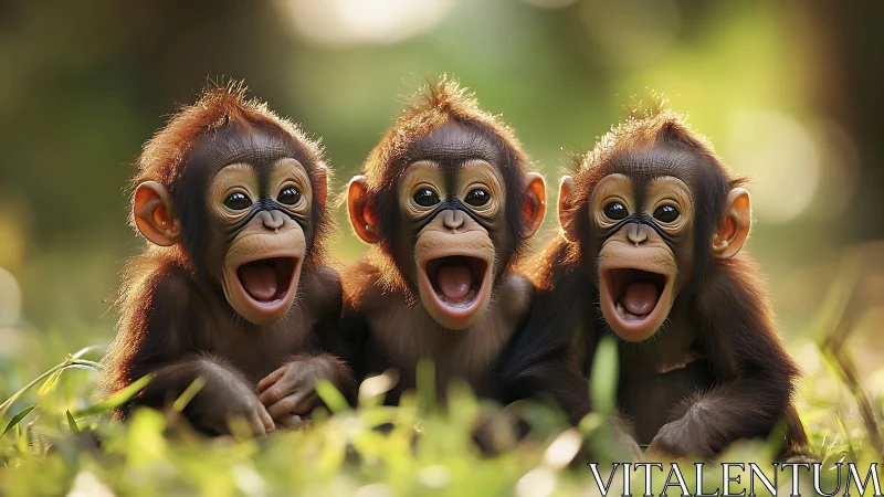 Triplet baby chimps in sunlit grassland giggle chorus.