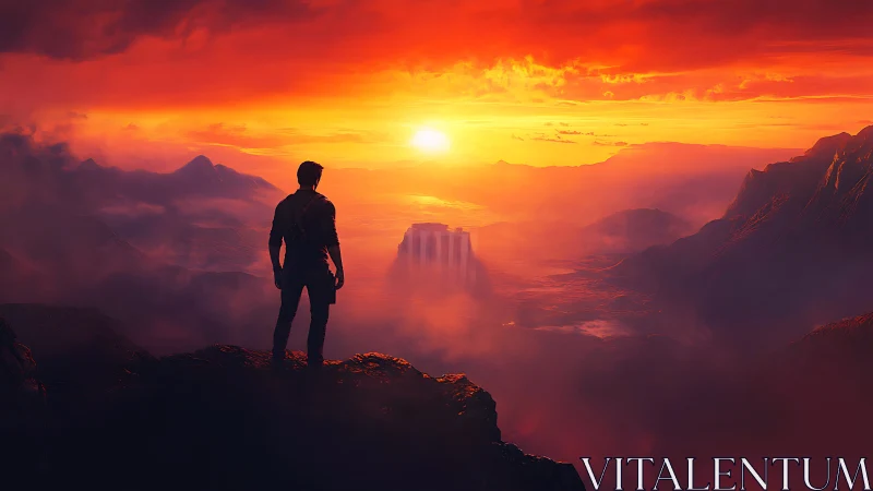 Solitary explorer facing blazing valley sunrise vista.
