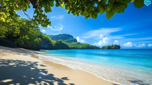 Tropical Beach Paradise. Pristine Sandy Shore with Azure Waters and Lush Canopy.