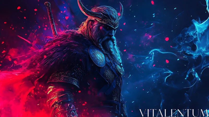 Bifröst-illuminated cyber-Viking warlord in chromatic armor.