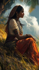 Digital painting profile portrait in sunlit pastoral hillside.