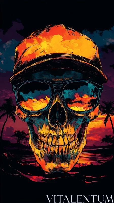 Neon dusk skull cruises a molten tropical shoreline horizon.