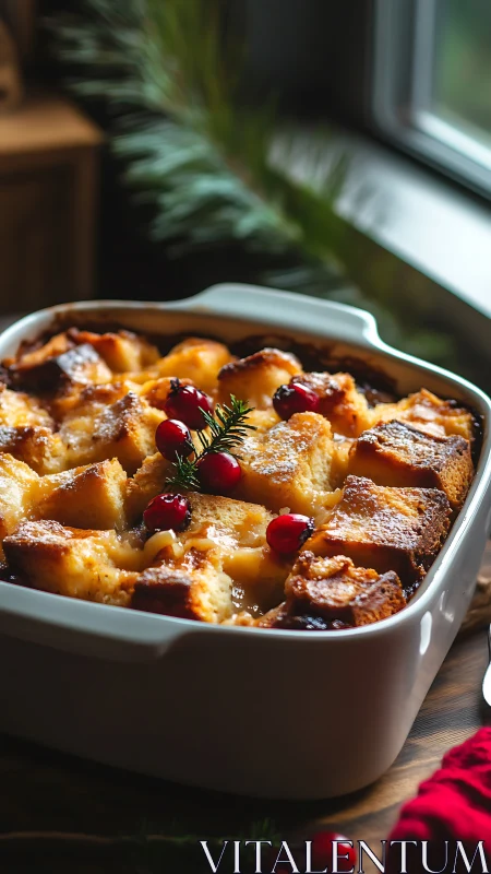 Rustic holiday bread pudding in white ceramic baking dish