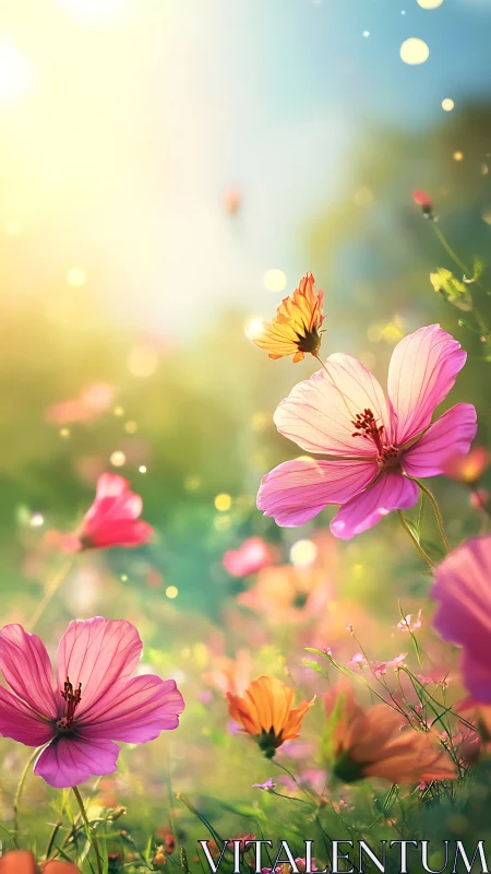 Cosmos Flowers in Soft Focus Garden Light.