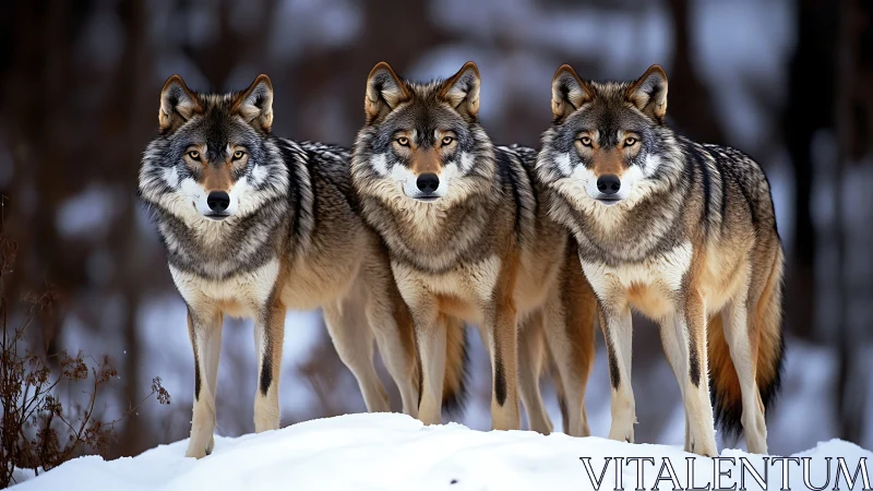 Calm winter wolf trio sharing a quiet, watchful moment together.