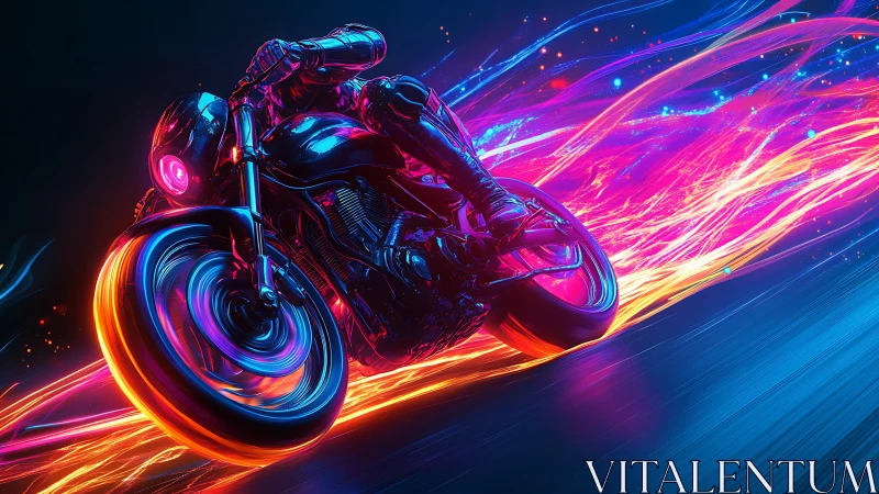 Motorcycle rider in neon light trails on dark abstract road.