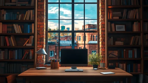 Brick wall study with desk, monitor and bookshelf window view.