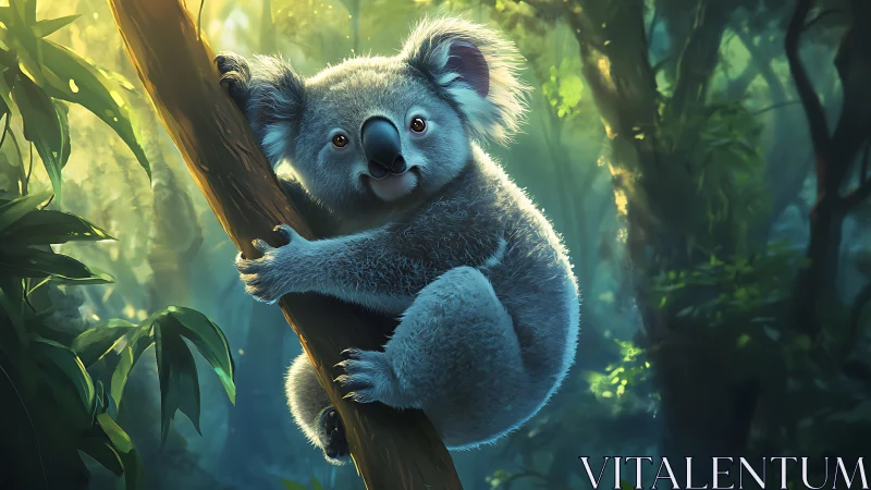 Koala holding to tree trunk in softly lit forest scene.