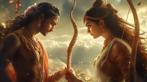 Tender divine couple sharing a golden bow in glowing light.