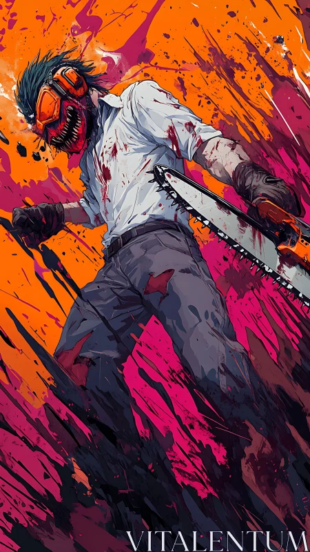 Chainsaw-armed figure in blood-splattered dynamic anime scene.