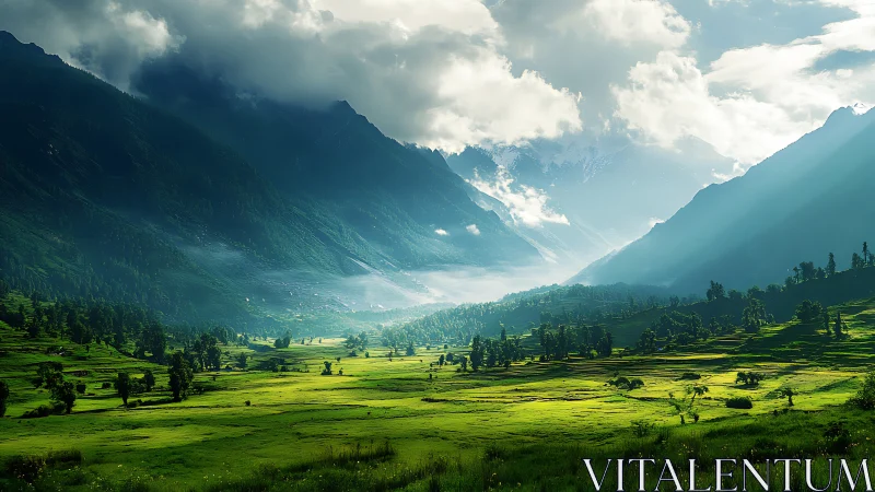 Morning light pours gently across a tranquil green valley