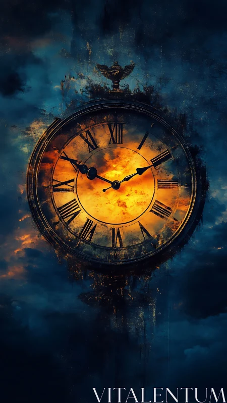 Antique celestial clock dissolves into incandescent storm clouds