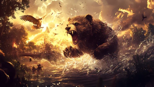Roaring river bear storms a golden fantasy kingdom at dusk.
