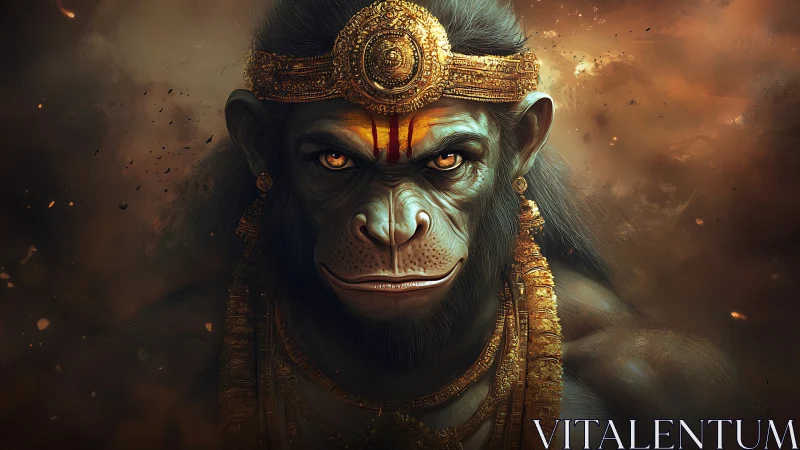 Mythic warrior ape gazes through swirling divine embers