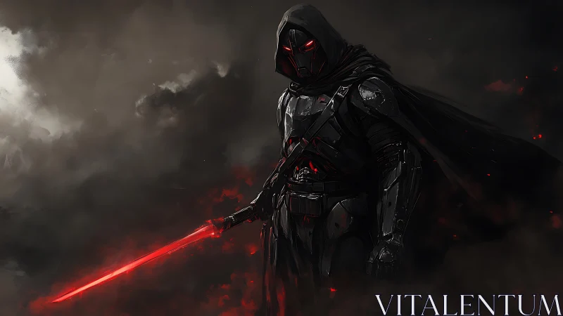 Dark armored warrior with red energy sword in smoke.