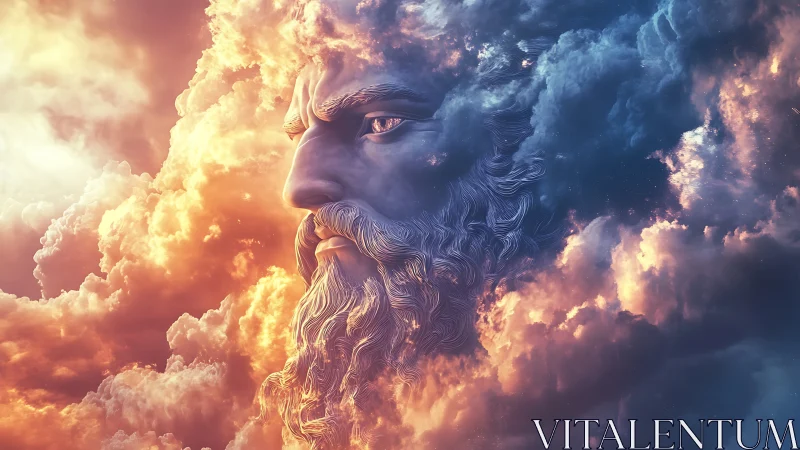 Mythic bearded face formed in swirling sunset clouds.