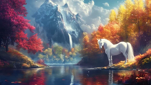 Silent white stallion pauses where autumn meets the falls