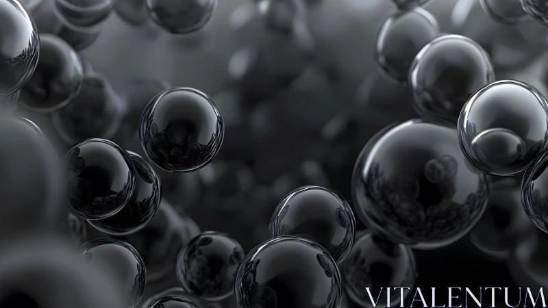 Shiny Black Bubbles Floating in Abstract 3D Digital Art Style.