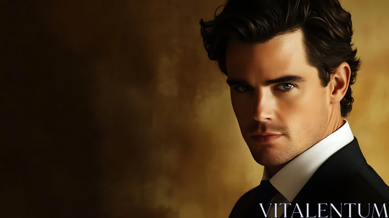 Smoldering gaze in tailored midnight suit against amber hush.