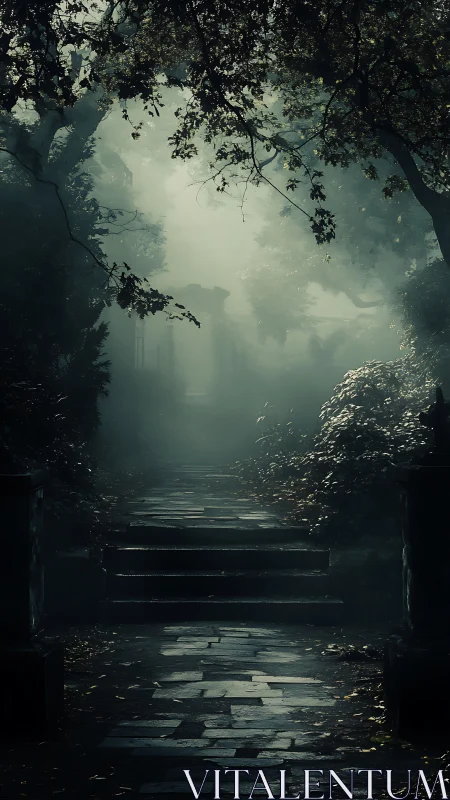 Stone pathway extends through misted garden under dense canopy