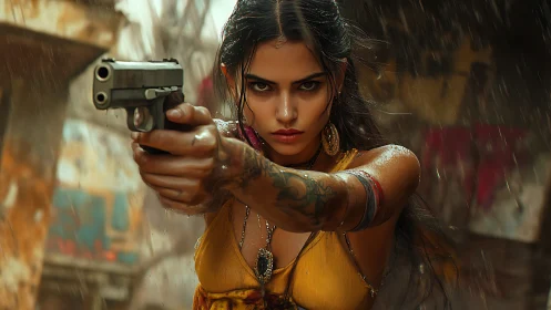 Rain-soaked vigilante aims forward with fierce determination.