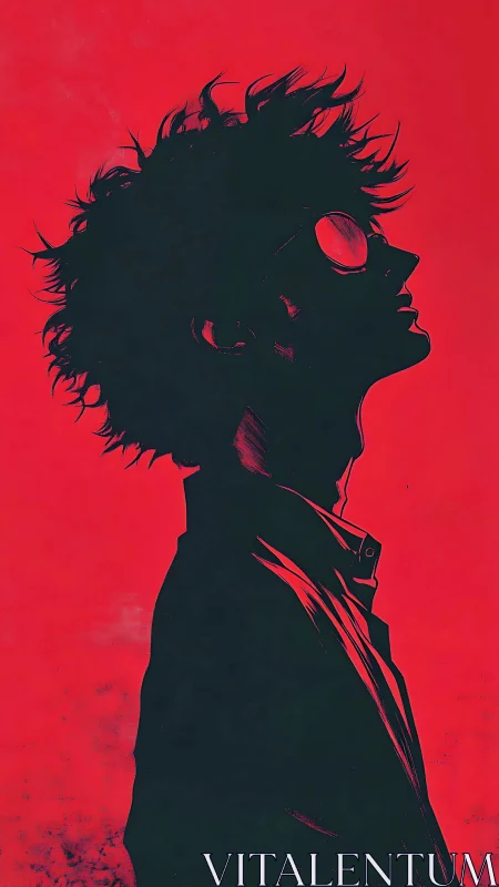 Silhouetted profile portrait under vivid red neon sky.