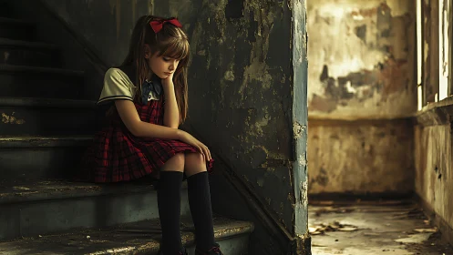 Melancholic schoolgirl on decaying stairwell in warm light.