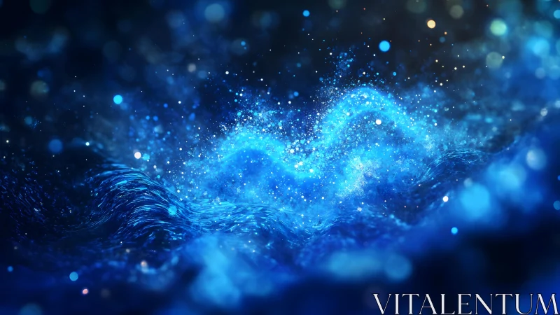 Abstract blue wave of glowing particles in digital fantasy style.
