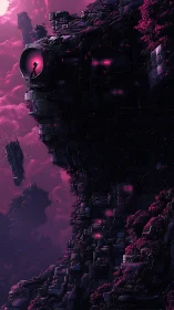 Silhouetted explorer scans cybernetic cliffside megastructure.