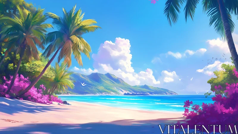 Tropical Coastal Landscape with Palm Trees, Mountains, Beach
