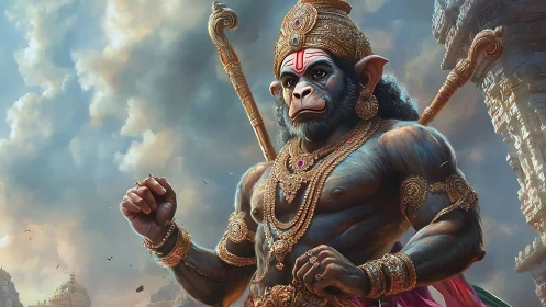 Mighty monkey warrior stands proud before ancient temples